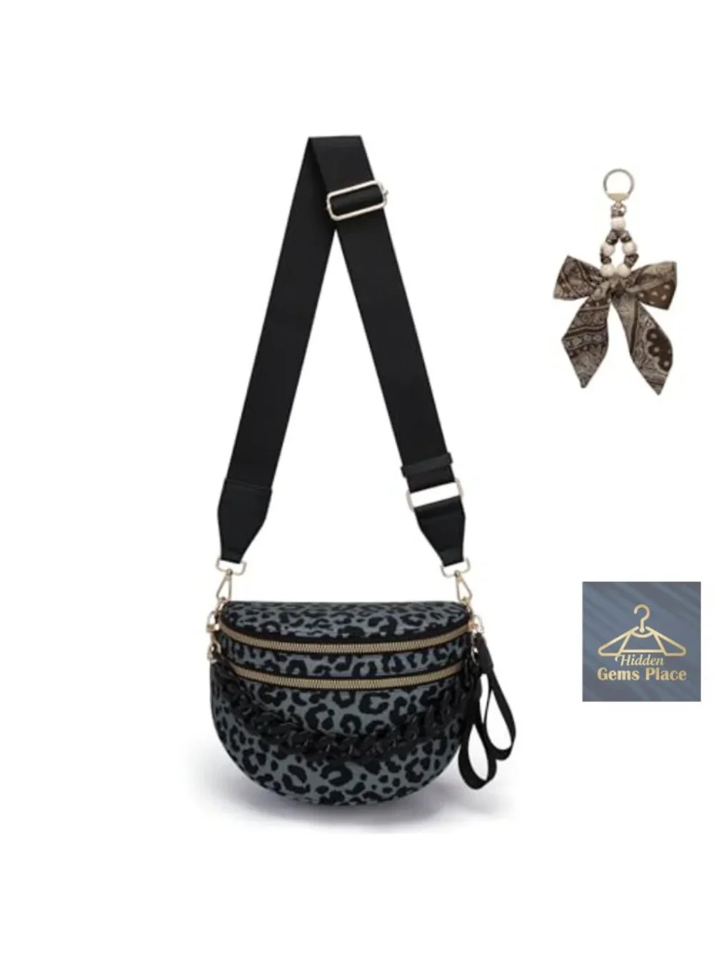 Nylon Leopard Double Zip Crossbody Fanny Pack with Chain